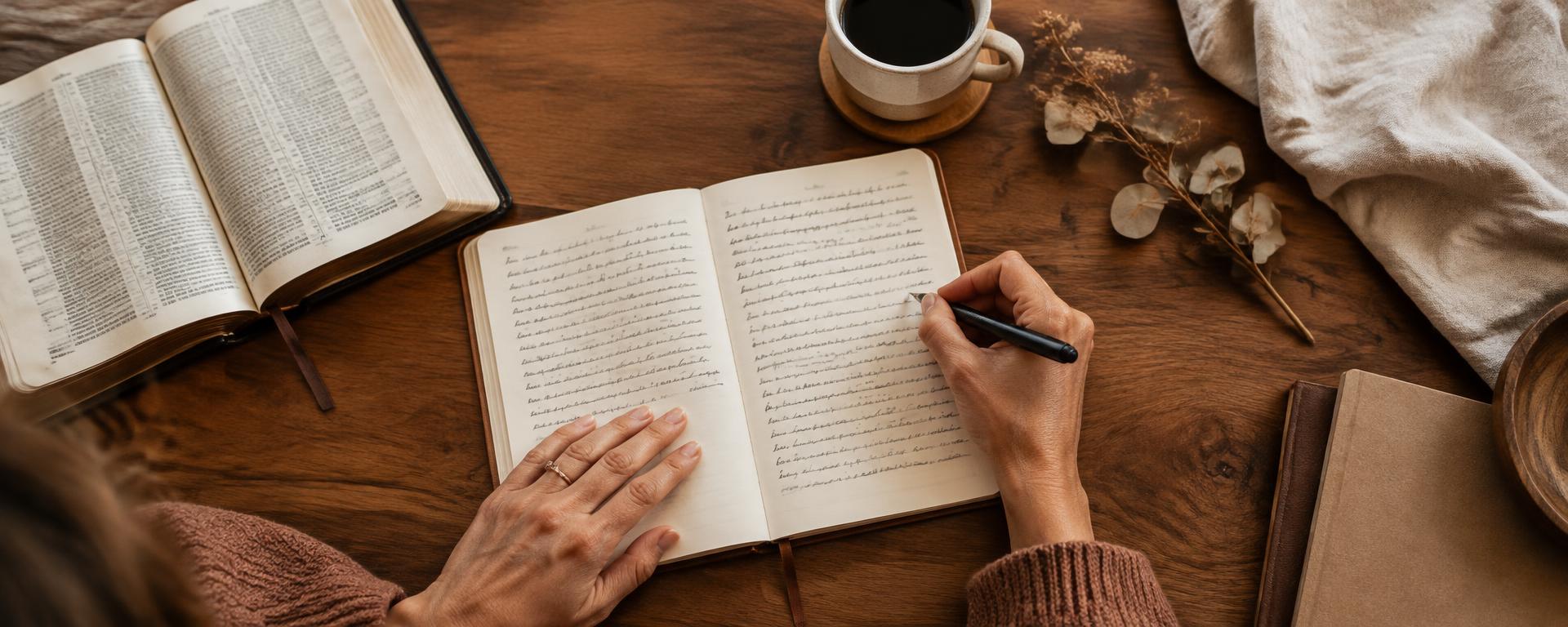 Mãos escrevendo em um journal, com Bíblia e café sobre mesa de madeira
