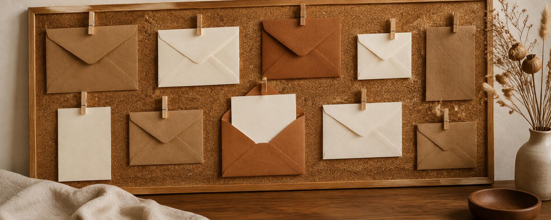 Prayer Board de cortiça com envelopes kraft e creme presos por mini prendedores de madeira